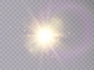 Shining sun glow effect with rays and glare. Sunlight shines with warm beams. Vector transparent background