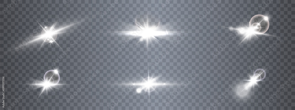 Poster White glowing light explodes on a transparent background. Bright Star. Transparent shining sun, bright flash. Vector graphics.	