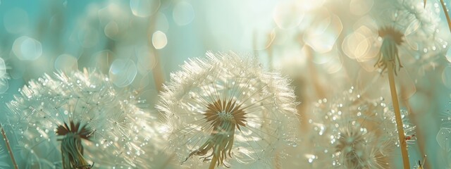  A macro shot of dandelions cluster against a sunny blue sky