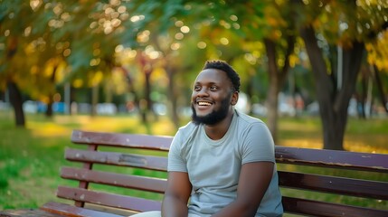 A black man with a beard, wearing a casual t-shirt, smiling warmly while sitting on a park bench.