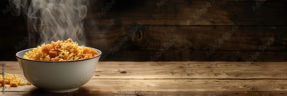 Poster a steaming bowl of instant noodles emits inviting aromas, surrounded by a rustic wooden table that e