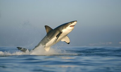 Fototapeta premium Great White Shark leaping out of the water , Generative AI