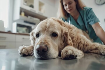 Veterinarian in blue scrubs examining a Labrador Retriever on a table in a clinic. Veterinary care and pet health concept.