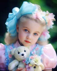 Fototapeta premium Sweet Vintage Girl Embracing Pastel Teddy Bear in Retro Ambiance