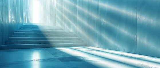  A blue-hued room features a staircase ascending to a radiant light at its peak