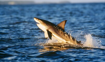 Naklejka premium Great White Shark leaping out of the water , Generative AI
