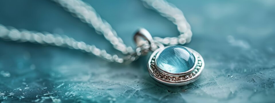  A close-up of a blue topaz stone in a silver chain necklace against a blue background