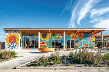 Obraz premium Vibrant Community Center with Colorful Mural Exterior in a Sunny Setting for Design Inspiration