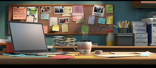 A well-organized teacher's desk with a laptop, a cup of coffee, sticky notes, and a stack of papers. Behind the desk, a bulletin board is filled with important reminders and photos.
