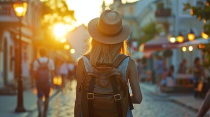 Obraz premium Rear back view of one young tourist woman with blonde hair wearing backpack and hat, old town culture.