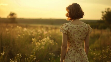 Rear back view of young woman with brunette hair wearing a vintage dress standing in rural countryside field outdoors.