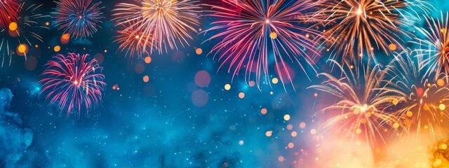 Fototapeta premium A plethora of fireworks illuminate the night sky against a backdrop of blue The foreground displays a blend of red, yellow, and blue hues