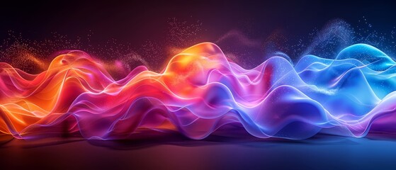  A multicolored wave of light against a black backdrop; a red and blue overlay beneath