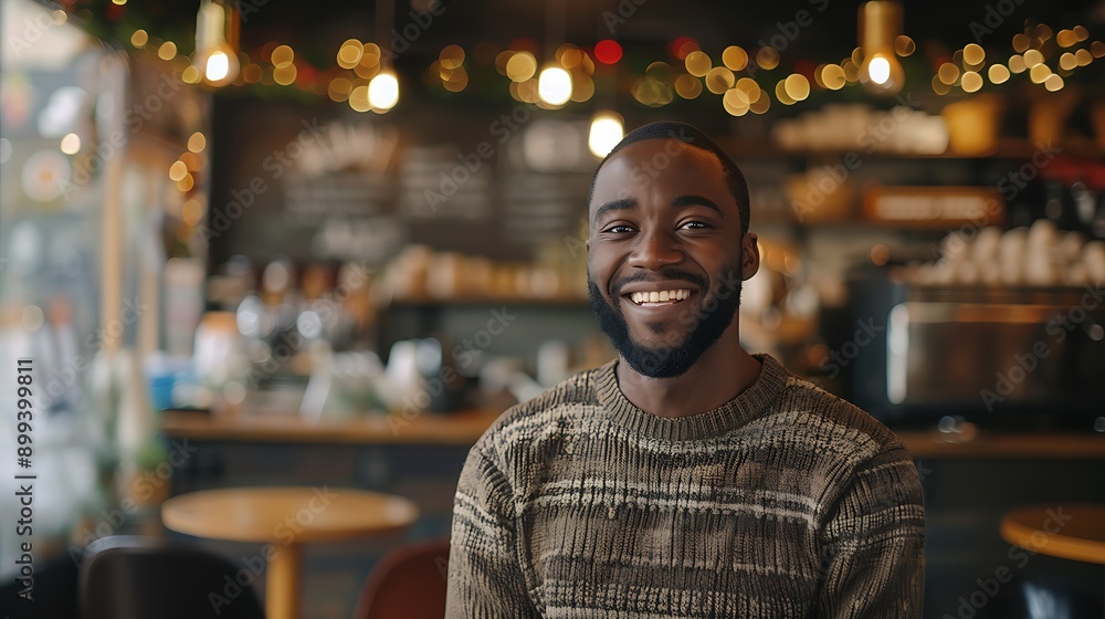 Wall mural a black man with a trimmed beard, wearing a casual sweater, smiling warmly while standing in a coffe