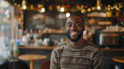 Obraz premium A black man with a trimmed beard, wearing a casual sweater, smiling warmly while standing in a coffee shop.