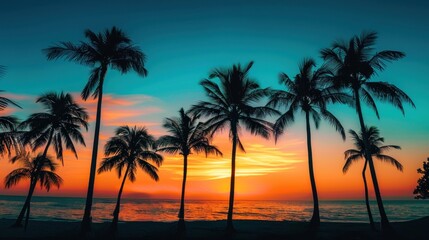 Obraz premium Silhouette of palm trees at orange and green or blue twilight sunset sky background.
