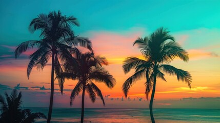 Silhouette of palm trees at orange and green or blue twilight sunset sky background.