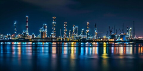 A chemical plant illuminated at night, with a complex network of industrial pipelines in the background. The scene captures the intricate and bustling nature of the facility against the dark sky.