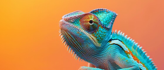 Obraz premium A tight shot of a chameleon with blues and oranges, against a backdrop of pinks and oranges, softly blurred