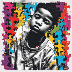 Thoughtful Boy with Colorful Puzzle Background