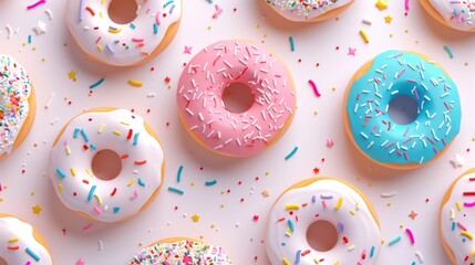 Top view illustration of different various donuts with pink, blue and white cream and colorful sprinkles.