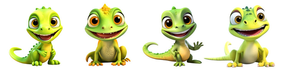 Fototapeta premium Cute and Colorful Cartoon Geckos with Expressive Faces and Playful Poses , on transparent background 
