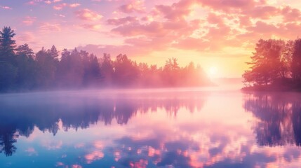 Fototapeta premium Tranquil landscape of dawn sunrise or dusk sunset over the misty foggy lake, trees water reflection, pink and orange sky.