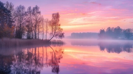 Tranquil landscape of dawn sunrise or dusk sunset over the misty foggy lake, trees water reflection, pink and orange sky.