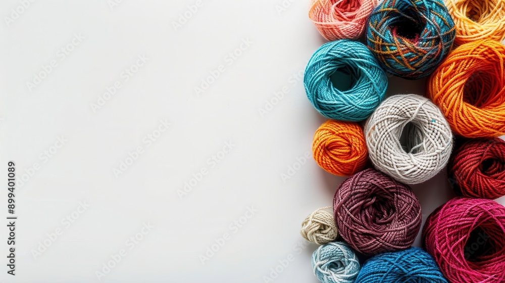 Poster Vibrant yarn rolls are displayed in a grid pattern on a clean white background, creating an inviting atmosphere for craft enthusiasts and DIY projects. Generative AI