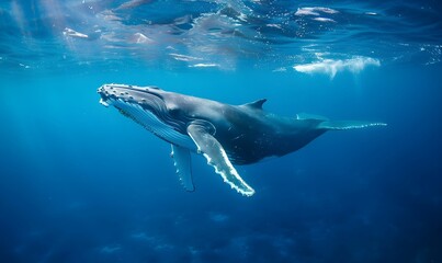 Naklejka premium Humpback whale gracefully swims underwater, Generative AI