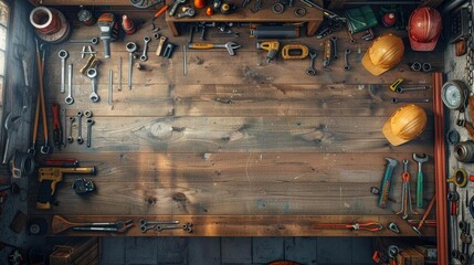 Aerial view of organized handyman tools on a wooden workbench. Perfect for construction, maintenance, or DIY project themes.