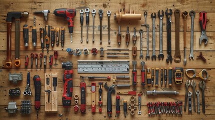A neatly organized collection of hand and power tools laid out on a wooden surface, ideal for construction and DIY projects.