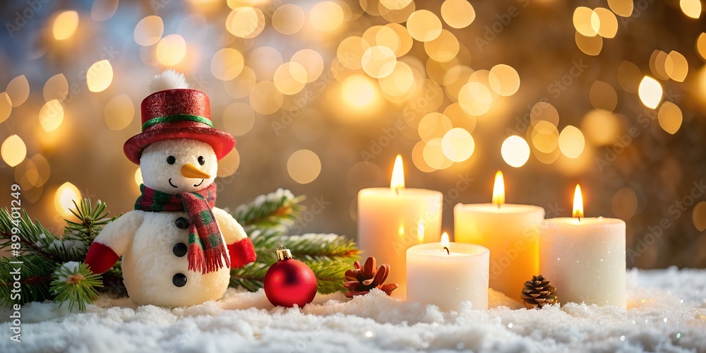 Poster Snowman with candles arounds and bokeh background Generative By AI