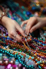 Handicraft woman weaves beads. Selective focus.