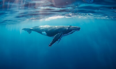 Naklejka premium Humpback whale gracefully swims underwater, Generative AI