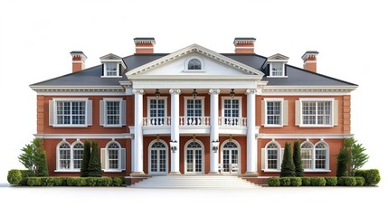 Fototapeta premium Luxurious Photo Realistic Mansion Colonial House Isolated on White Background