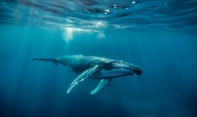 Fototapeta premium Humpback whale gracefully swims underwater, Generative AI