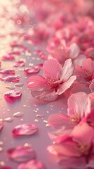 Fototapeta premium A collection of pink blooms hovering above a water surface, adorned with water droplets clinging to their undersides