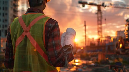 Obraz premium Construction worker in reflective vest holding blueprints at a construction site during sunset with cranes and buildings in the background.