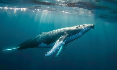 Fototapeta premium Humpback whale gracefully swims underwater, Generative AI