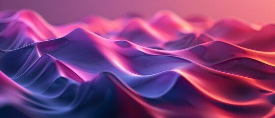 Fototapeta premium A digital rendering of a mountain range in shades of pink, blue, purple, and orange, beneath a pink-hued sky