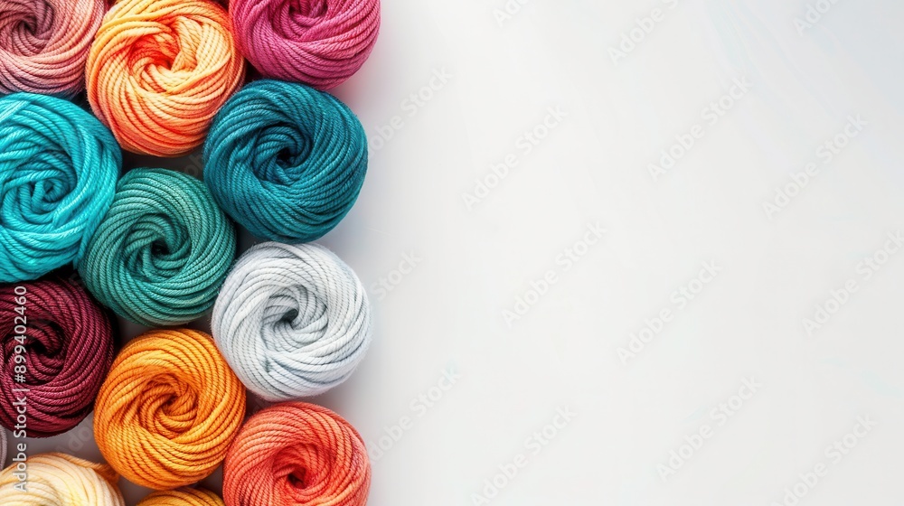 Aufkleber A vibrant assortment of yarn rolls is neatly arranged in a grid formation, set against a clean white background ideal for adding text or design elements. Generative AI