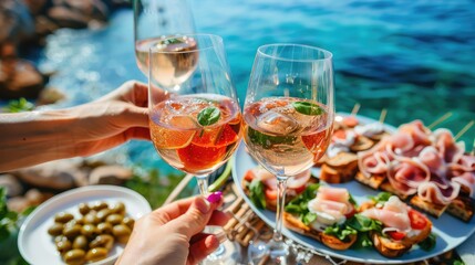 Wine and jamon and snacks in hand on the seashore. Selective focus.