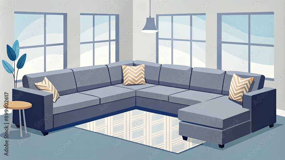 Poster Spacious living room with a large grey sectional sofa.