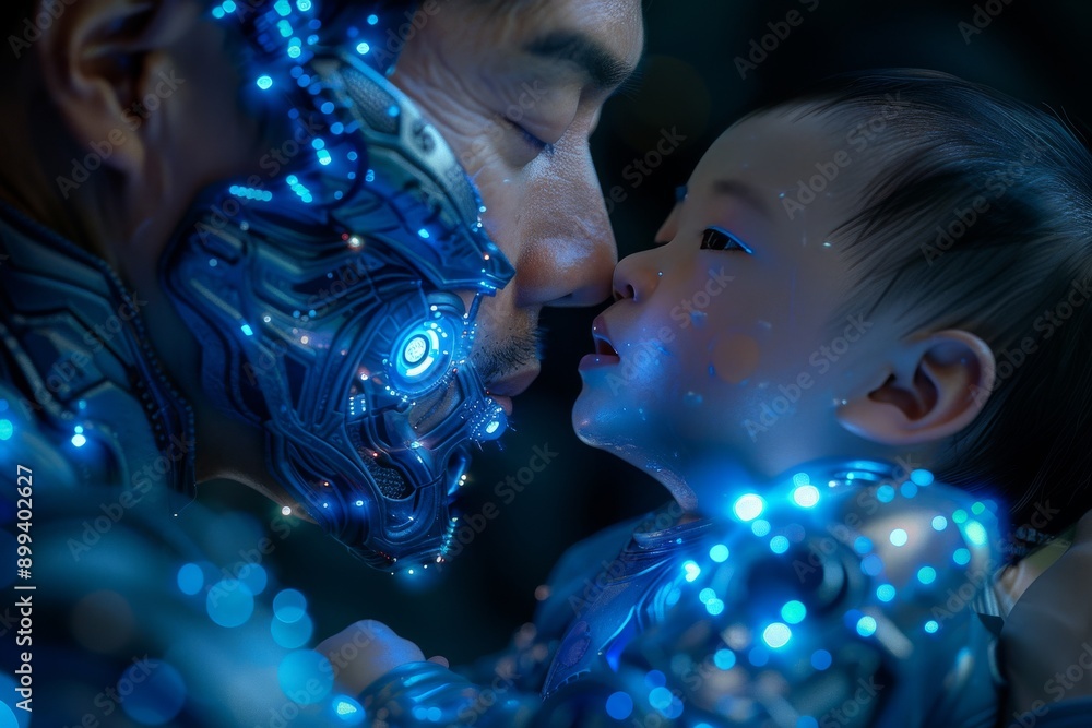 Poster face to face interaction between a cyborg and a child symbolizing connection technology and future p