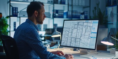 A CAD engineer designing on a computer in a modern office, with a male designer intently focused on a CAD project displayed on the desktop screen