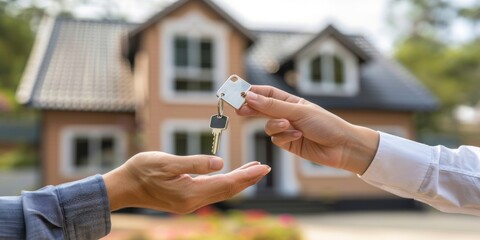 Hands of a real estate agent handing over keys to a new homeowner, symbolizing the successful completion of a property purchase and the beginning of a new chapter