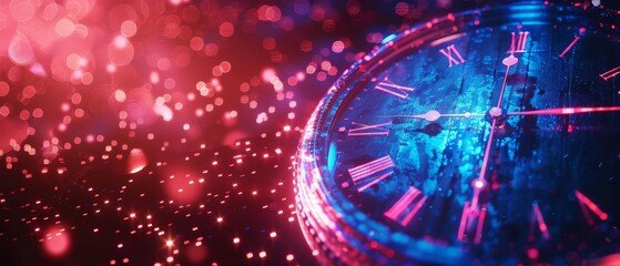 Obraz premium A tight shot of a clock against a black backdrop, illuminated by red and blue lights at its center
