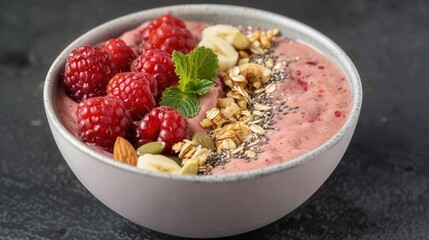 A smoothie bowl topped with fresh fruits, nuts, and seeds