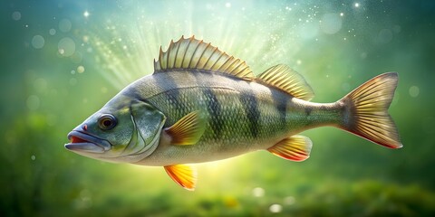 Fototapeta premium Fishing trophy big freshwater perch in water on green background Generative AI